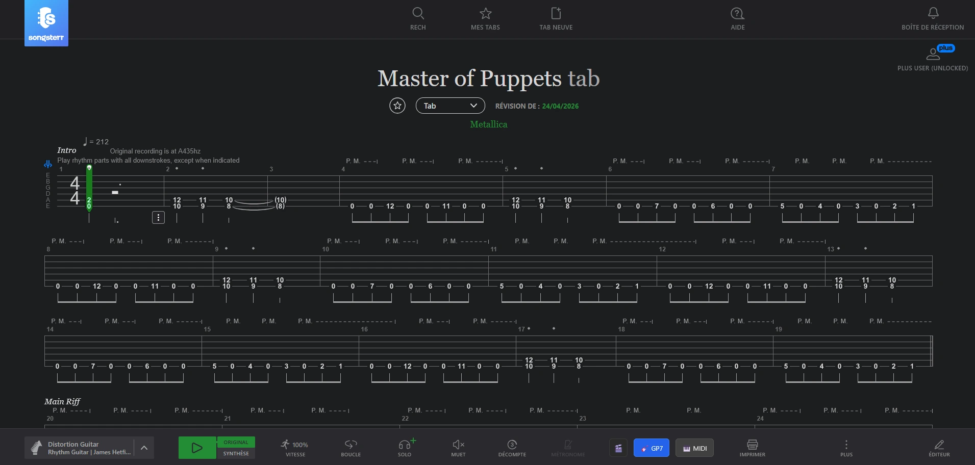 Aperçu de l'interface Songsterr